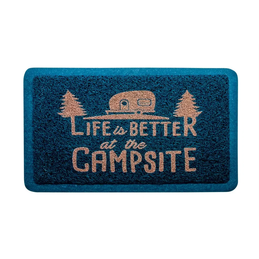 53201 – CAMCO Door Mat, For Indoor Or Outdoor Use Retro RV Design With “Life Is Better At The Campsite” Logo Blue Loo...